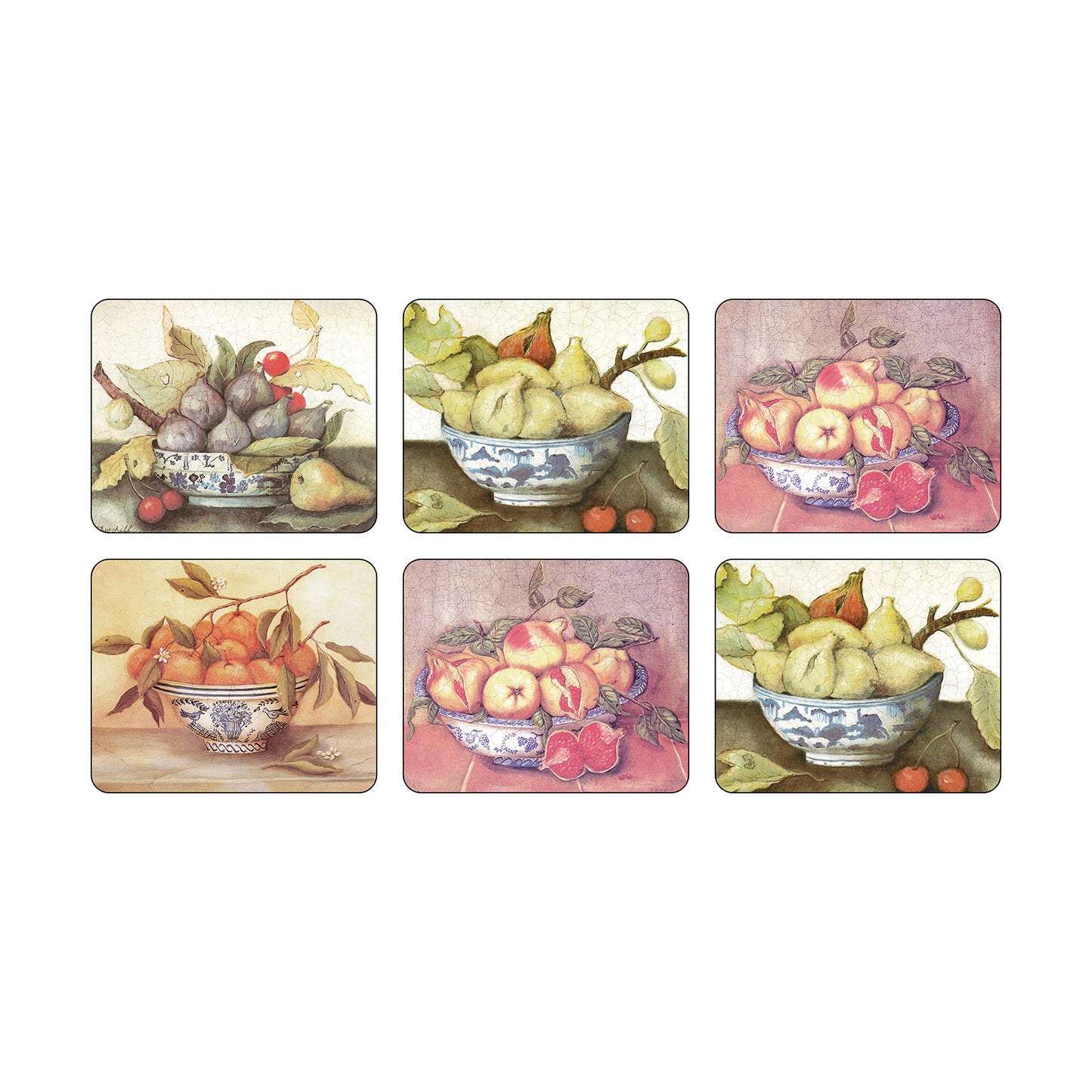Set of six melamine coasters with vintage-style illustrations of fruit and bowls.